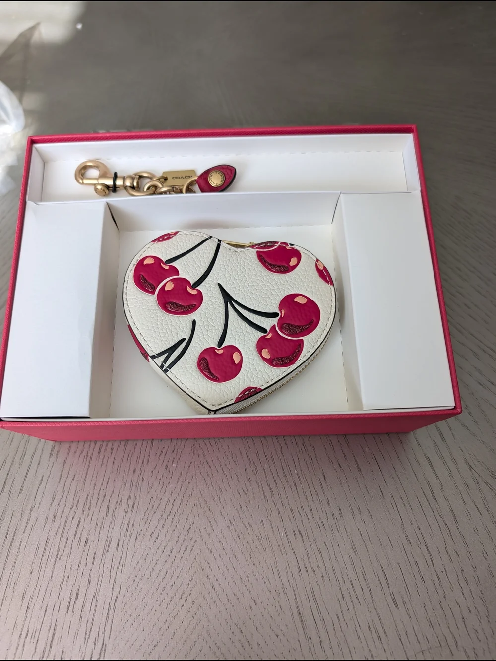 Coach White Cherry Heart Coin Pouch with Keychain